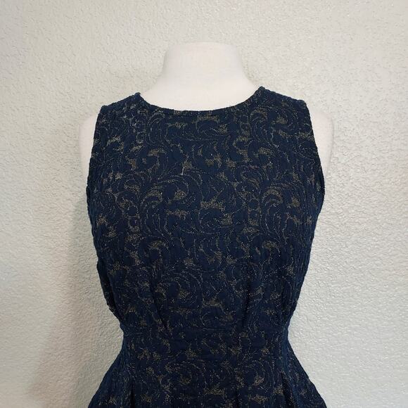 Eva Franco Navy Gold Metallic Peplum Blouse Size S - Picture 3 of 14